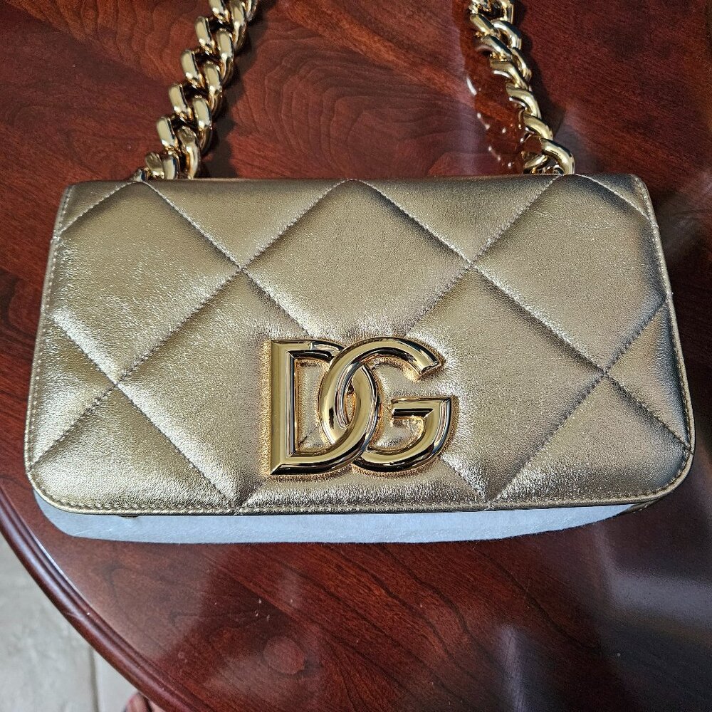 AUTH DOLCE & GABBANA METALLIC GOLD QUILTED LEATHER CHAIN SHOULDER BAG HANDBAG